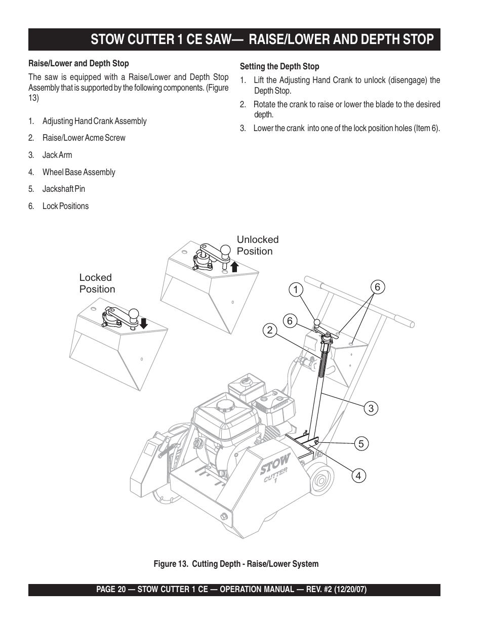 Stow cutter 1 ce saw— raise/lower and depth stop | Multiquip CD6CE13H18 User Manual | Page 20 / 34