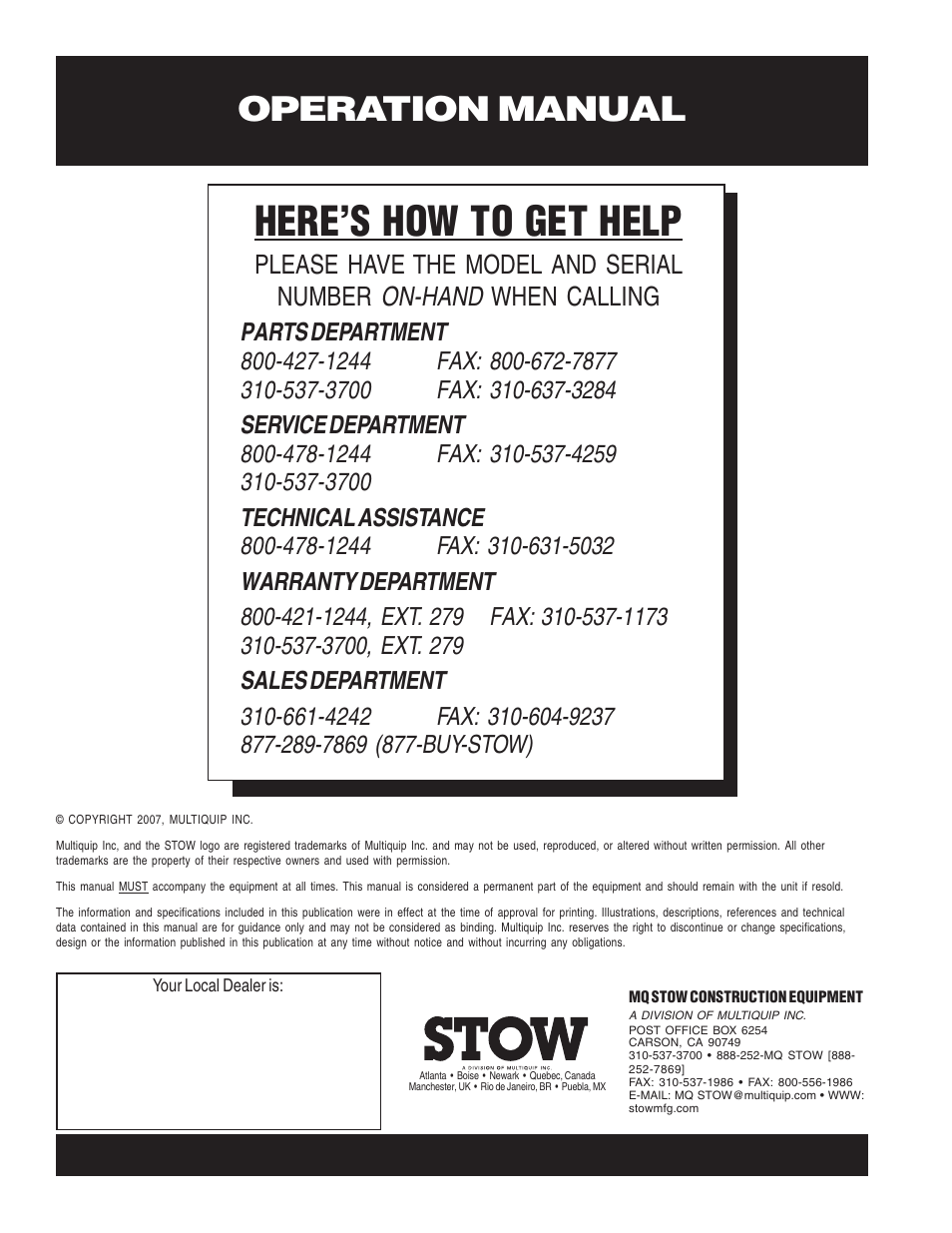 Here’s how to get help, Operation manual | Multiquip CD6CE13H18 User Manual | Page 34 / 34