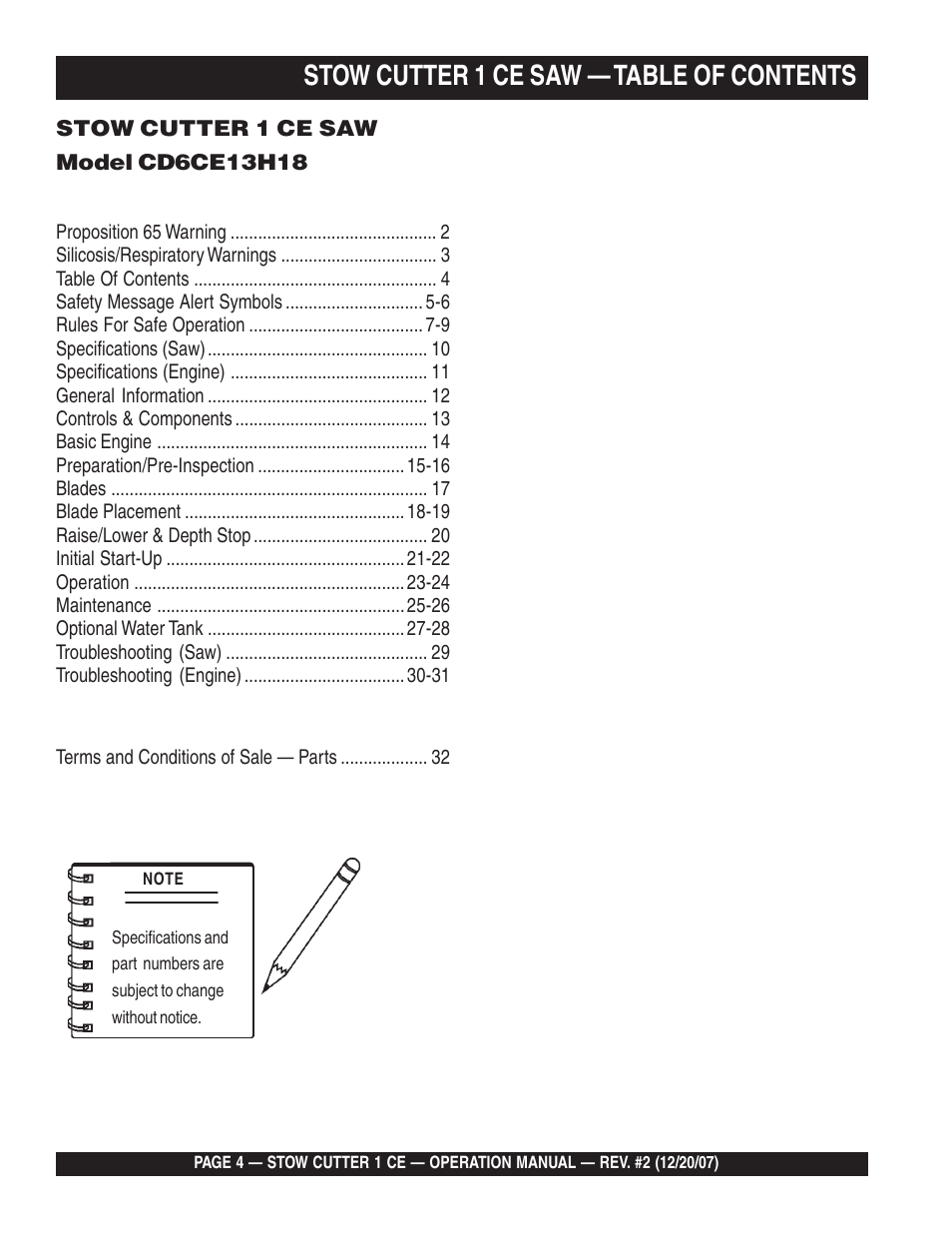 Stow cutter 1 ce saw — table of contents | Multiquip CD6CE13H18 User Manual | Page 4 / 34