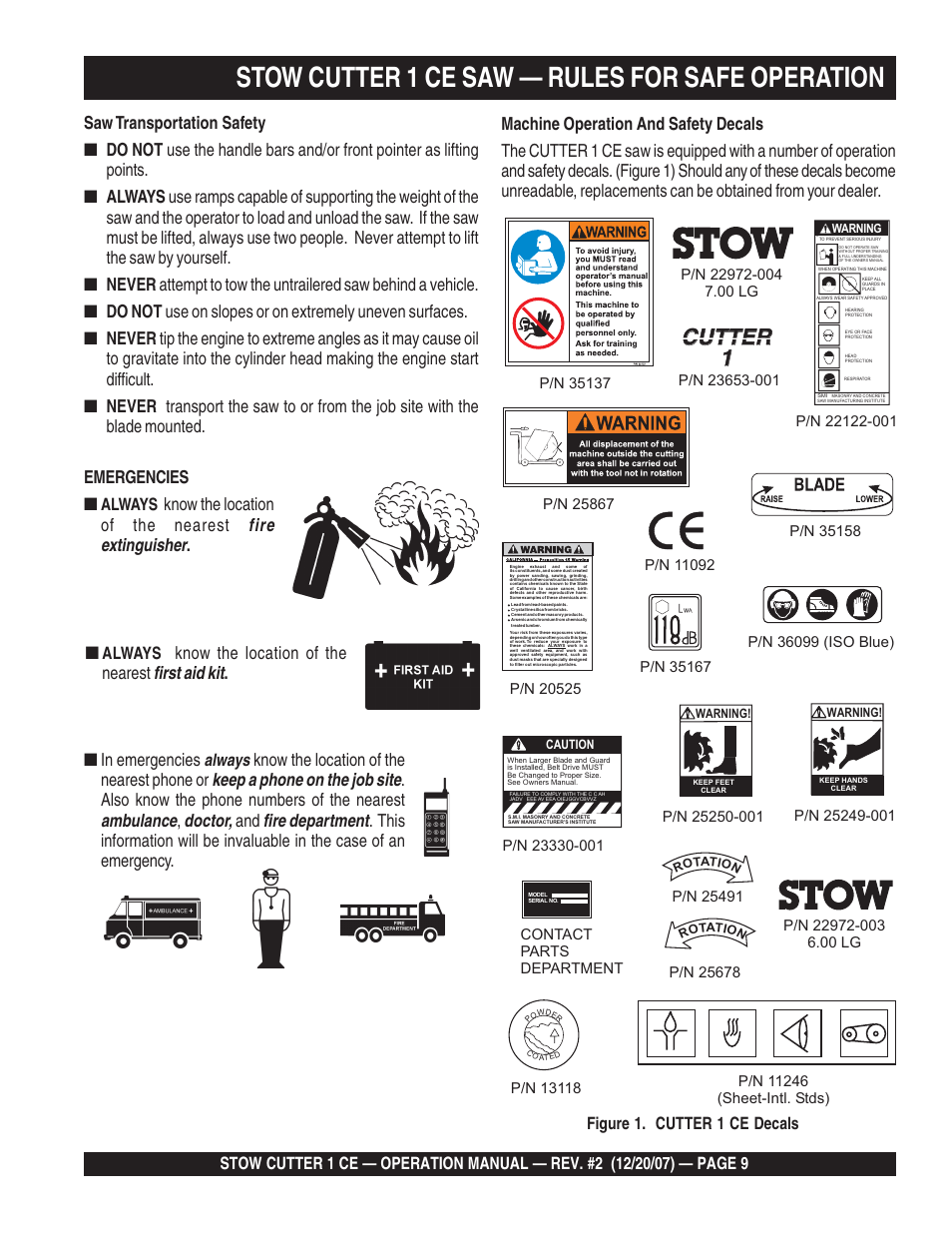 Stow cutter 1 ce saw — rules for safe operation, Cutter 1 cutter 1, Fire extinguisher | First aid kit, Keep a phone on the job site, Ambulance, Doctor, Fire department, Always know the location of the nearest, Know the location of the nearest phone or | Multiquip CD6CE13H18 User Manual | Page 9 / 34