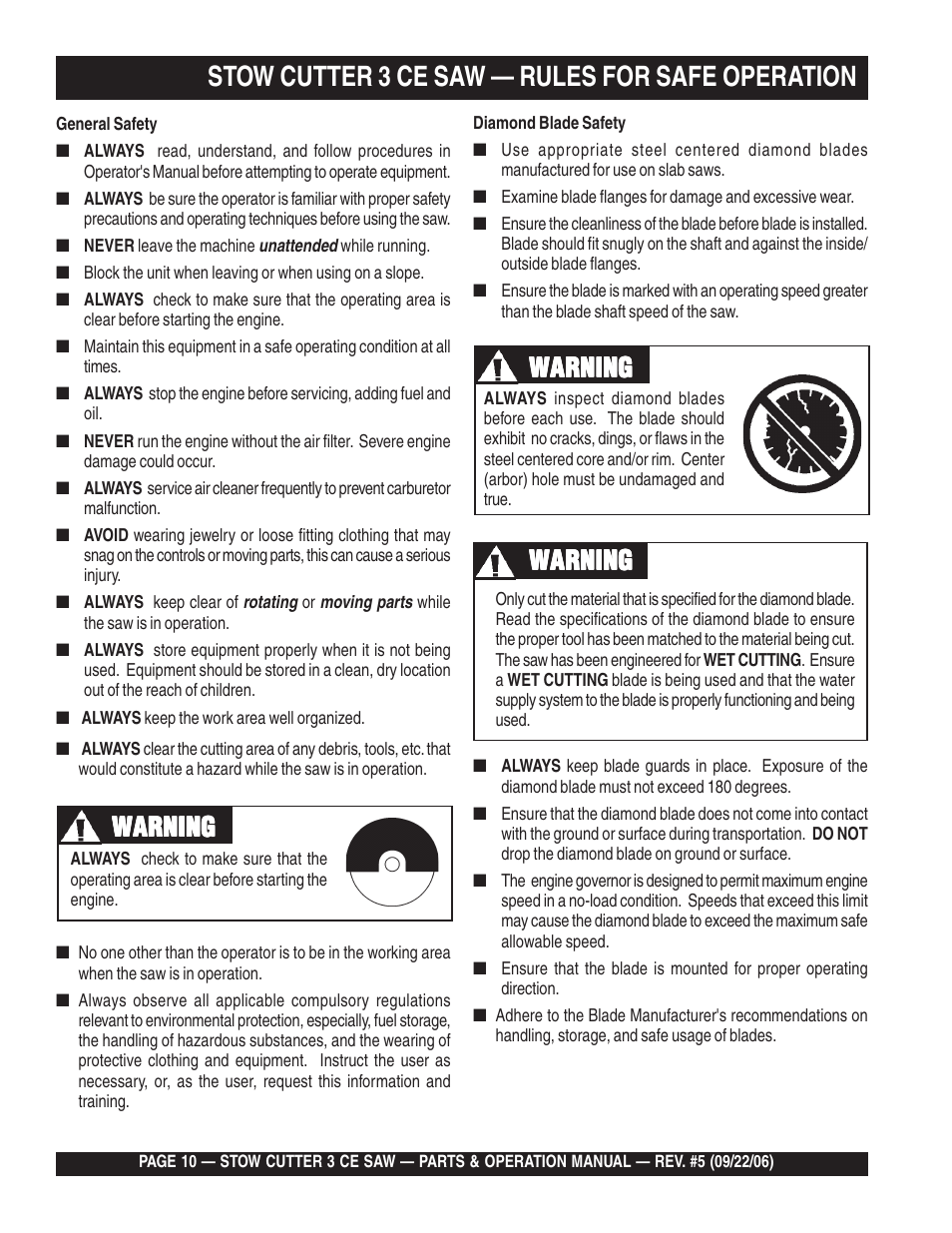 Stow cutter 3 ce saw — rules for safe operation, Warning | Multiquip CS8CE20H20 User Manual | Page 10 / 158