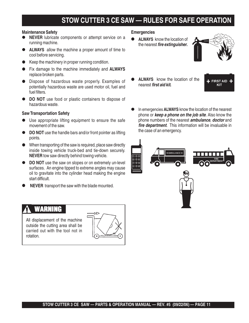 Stow cutter 3 ce saw — rules for safe operation, Warning | Multiquip CS8CE20H20 User Manual | Page 11 / 158