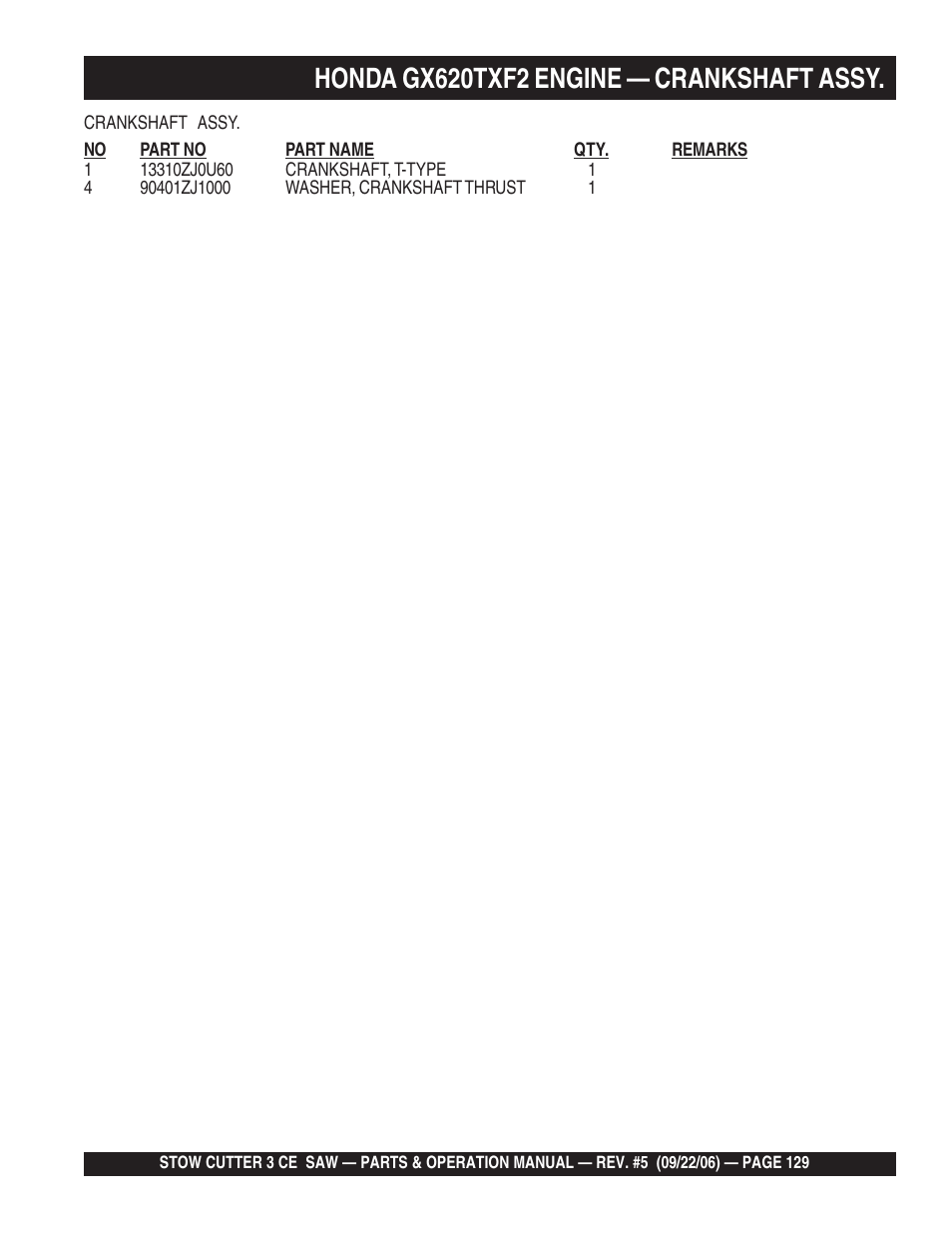 Honda gx620txf2 engine — crankshaft assy | Multiquip CS8CE20H20 User Manual | Page 129 / 158