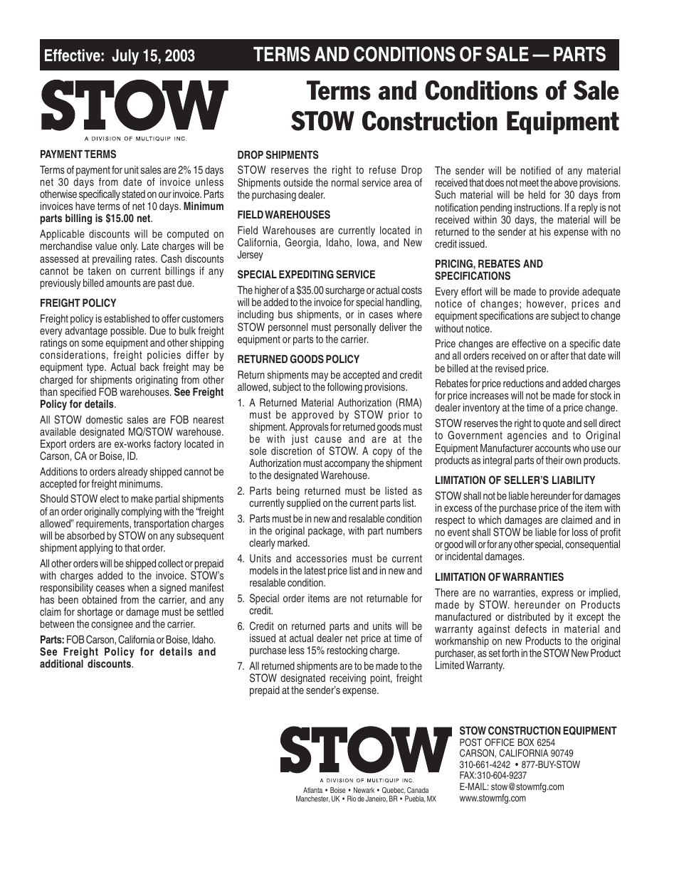 Terms and conditions of sale — parts | Multiquip CS8CE20H20 User Manual | Page 156 / 158