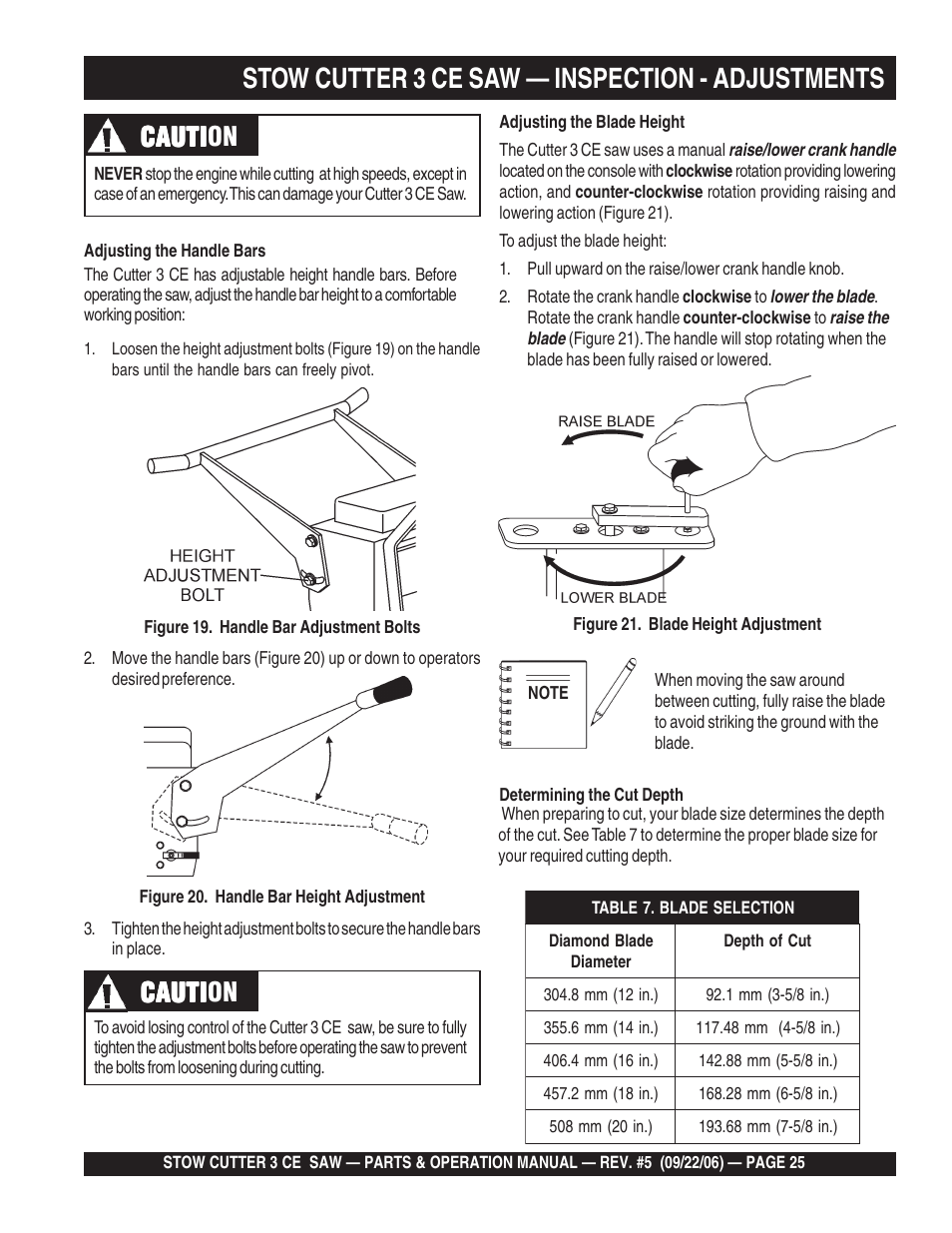 Stow cutter 3 ce saw — inspection - adjustments, Cauti, Cauti caution | Multiquip CS8CE20H20 User Manual | Page 25 / 158
