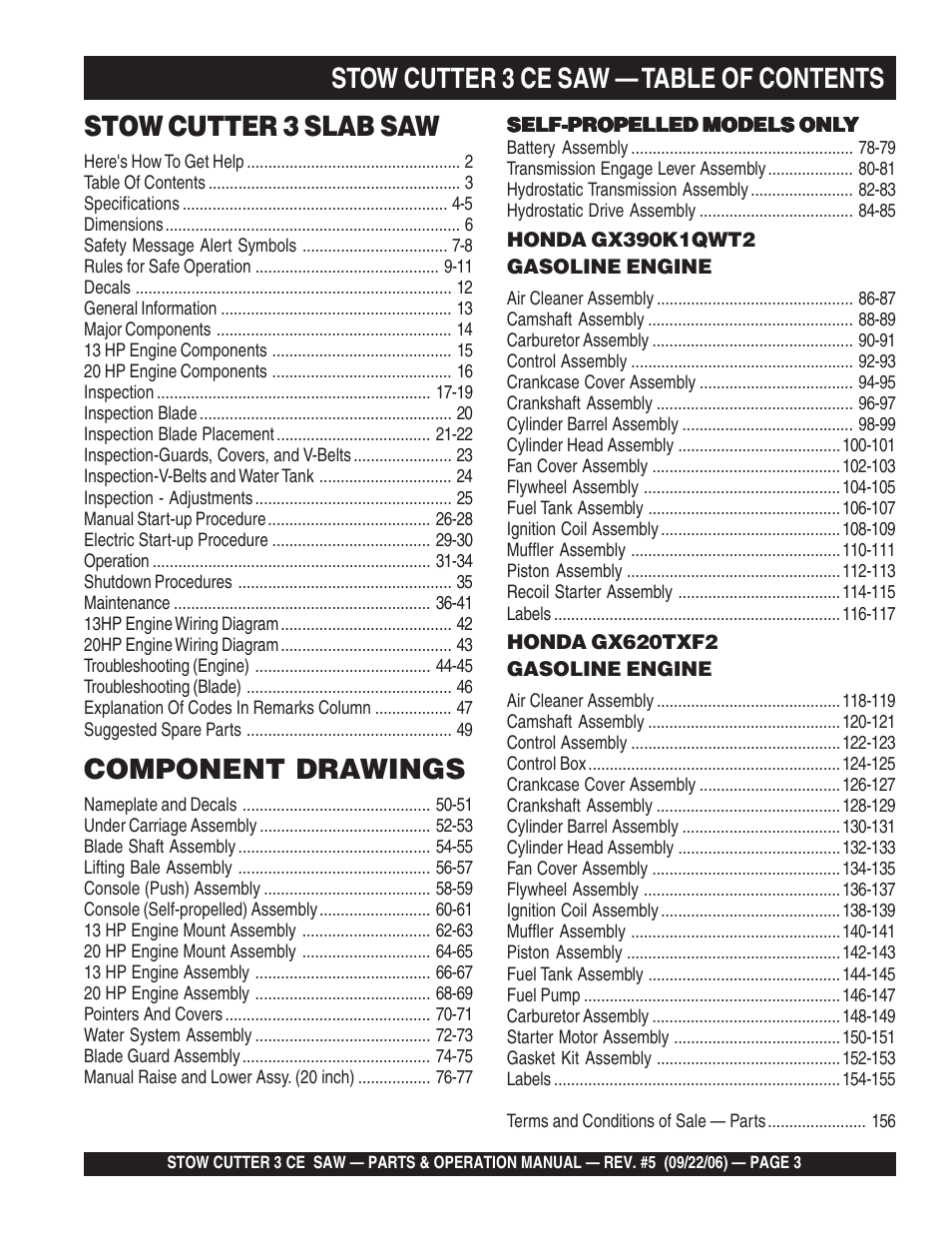 Stow cutter 3 ce saw — table of contents, Stow cutter 3 slab saw, Component | Drawings | Multiquip CS8CE20H20 User Manual | Page 3 / 158