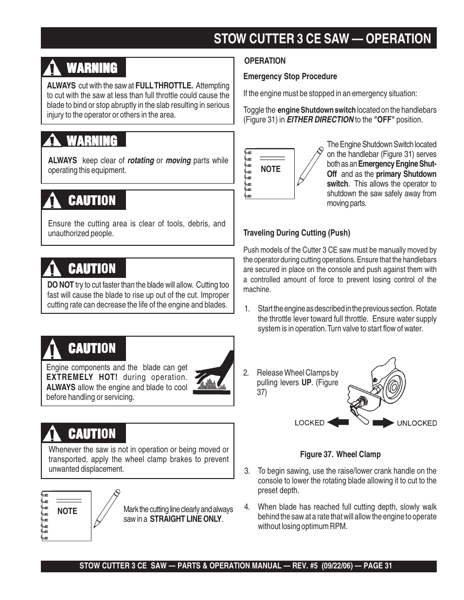 Stow cutter 3 ce saw — operation, Cauti | Multiquip CS8CE20H20 User Manual | Page 31 / 158