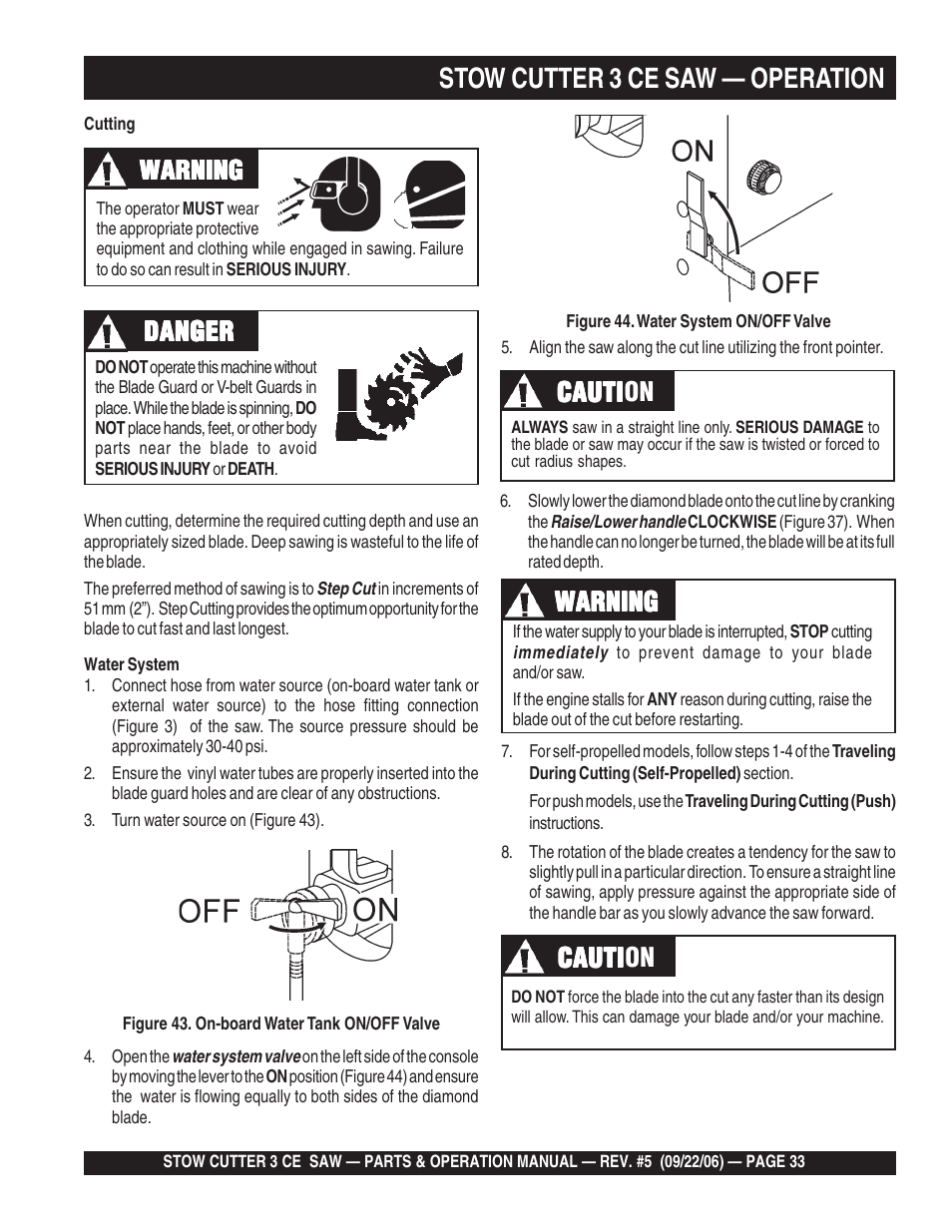 Stow cutter 3 ce saw — operation, Warning, Cauti | Danger, Cauti caution | Multiquip CS8CE20H20 User Manual | Page 33 / 158