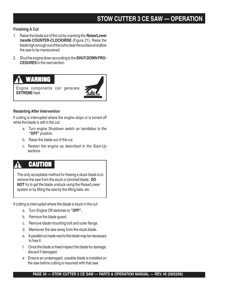 Stow cutter 3 ce saw — operation, Warning, Caution | Multiquip CS8CE20H20 User Manual | Page 34 / 158