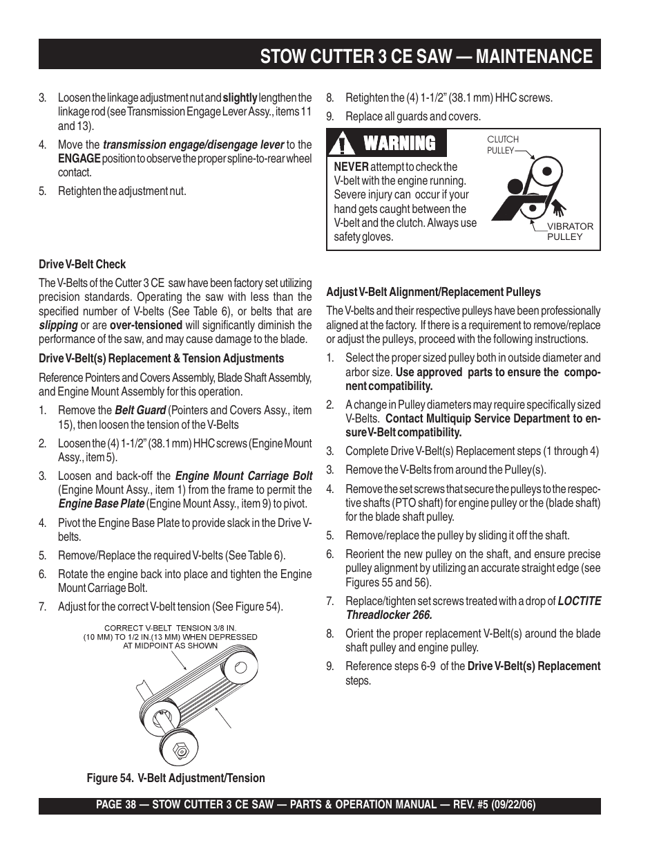 Stow cutter 3 ce saw — maintenance, Warning | Multiquip CS8CE20H20 User Manual | Page 38 / 158