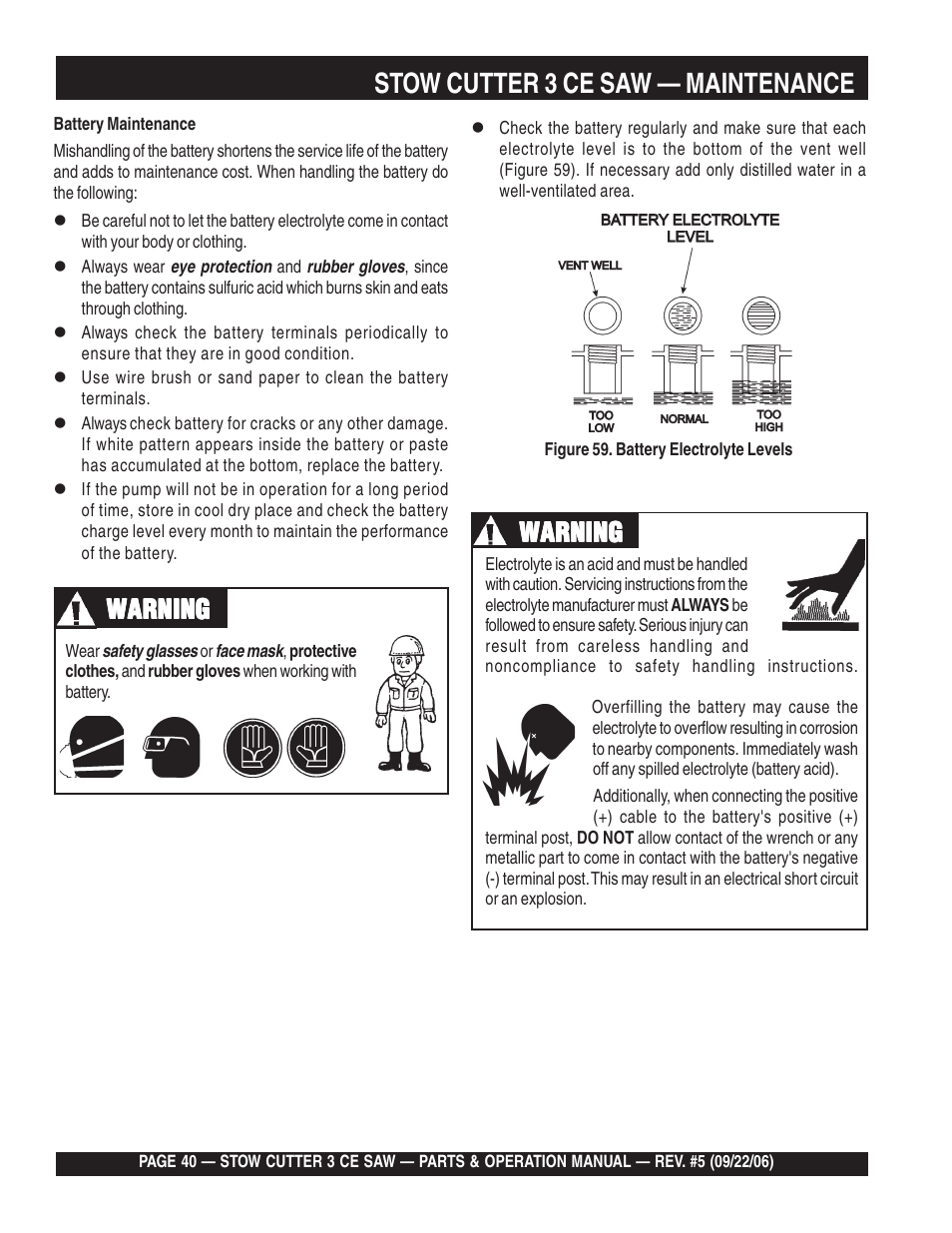 Stow cutter 3 ce saw — maintenance, Warning | Multiquip CS8CE20H20 User Manual | Page 40 / 158