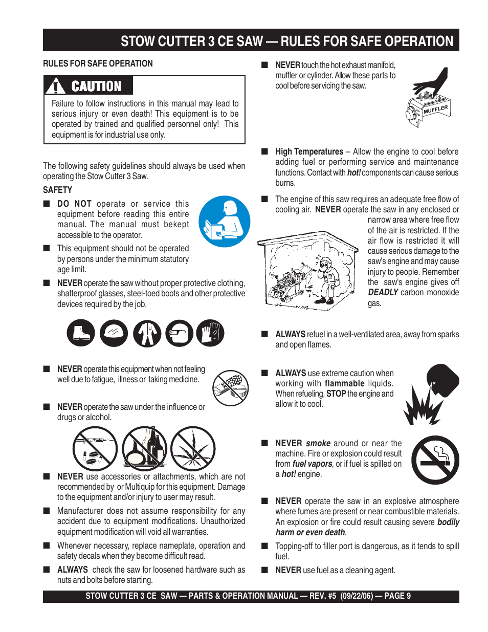 Stow cutter 3 ce saw — rules for safe operation, Cauti, Cauti caution | Multiquip CS8CE20H20 User Manual | Page 9 / 158