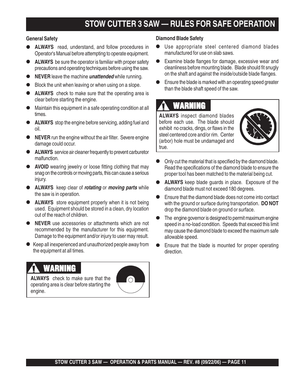 Stow cutter 3 saw — rules for safe operation, Warning | Multiquip CS820H20 User Manual | Page 11 / 152