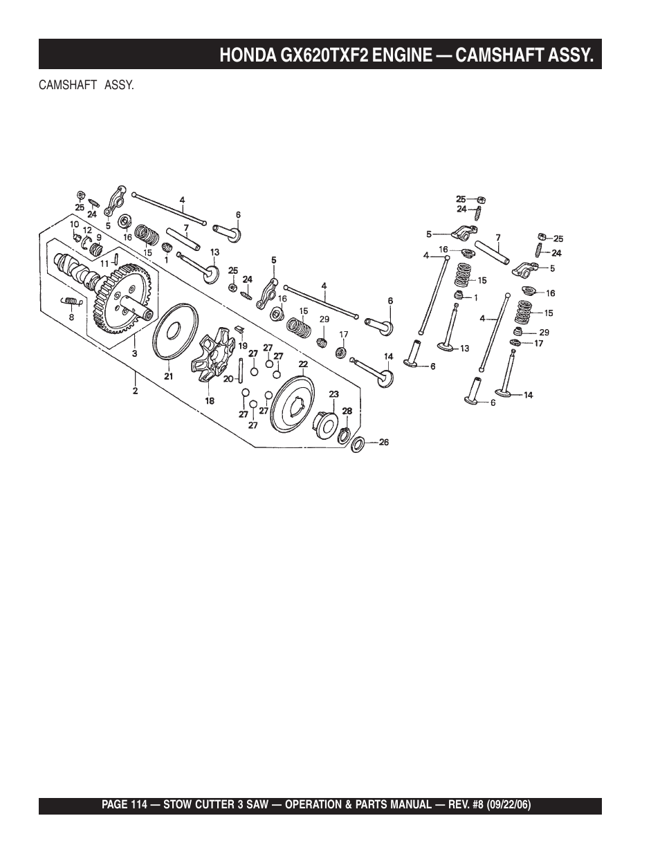 Honda gx620txf2 engine — camshaft assy | Multiquip CS820H20 User Manual | Page 114 / 152