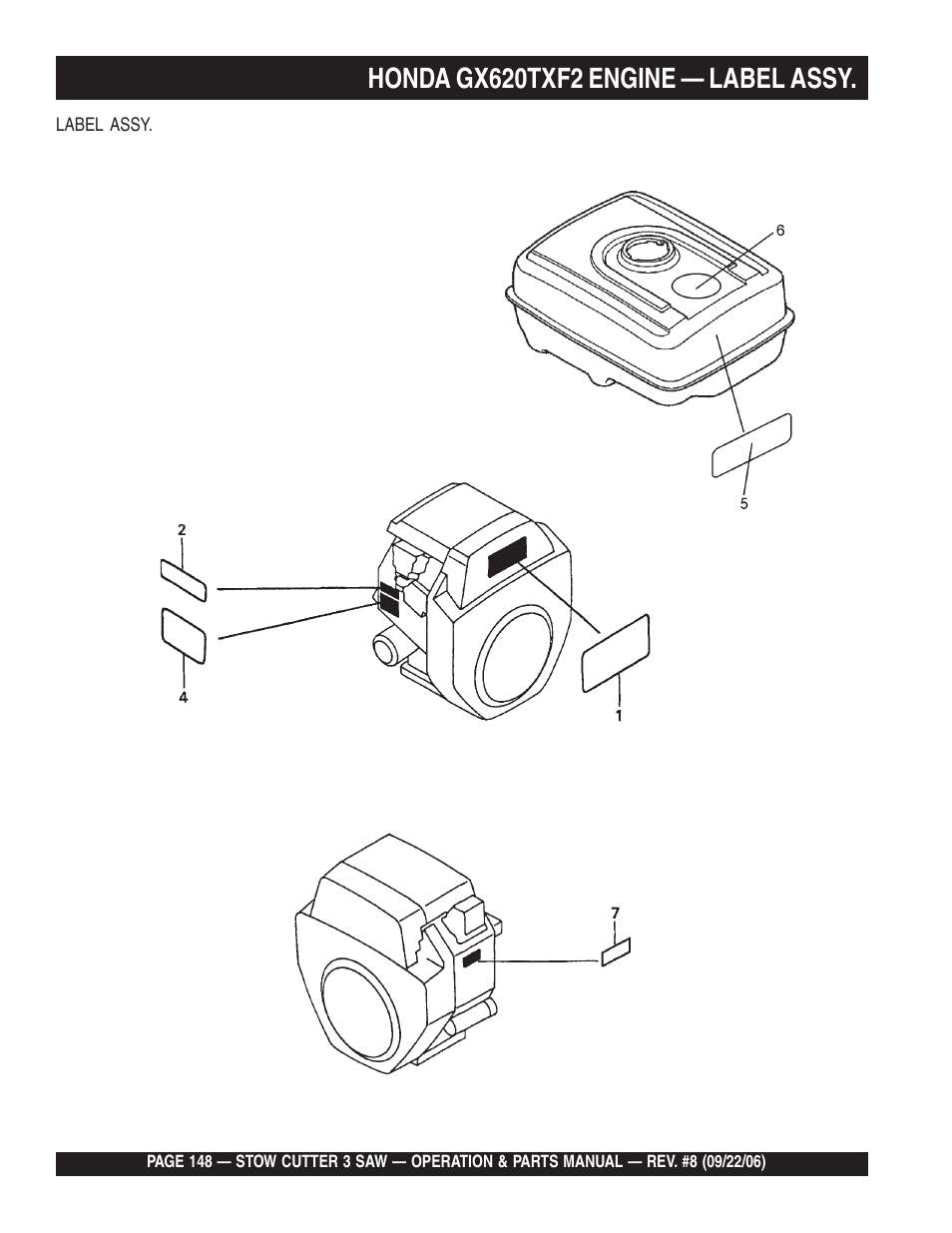 Honda gx620txf2 engine — label assy | Multiquip CS820H20 User Manual | Page 148 / 152