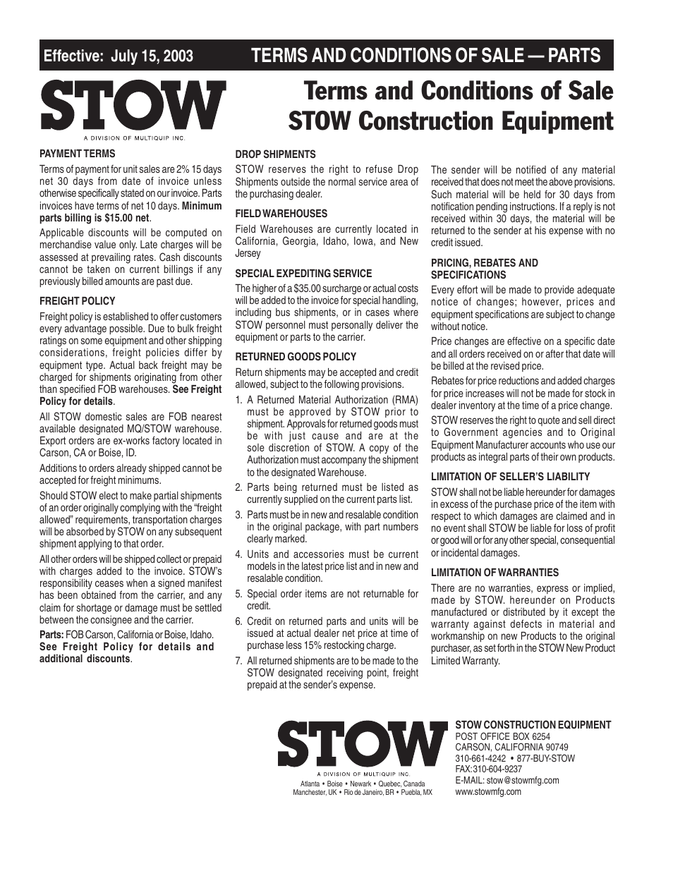Terms and conditions of sale — parts | Multiquip CS820H20 User Manual | Page 150 / 152