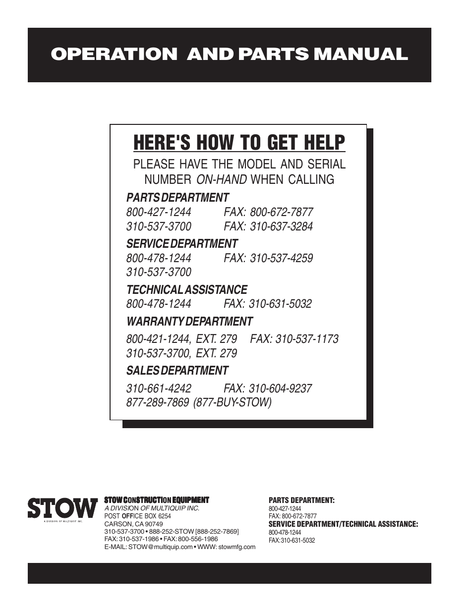 Here's how to get help, Operation and parts manual | Multiquip CS820H20 User Manual | Page 152 / 152