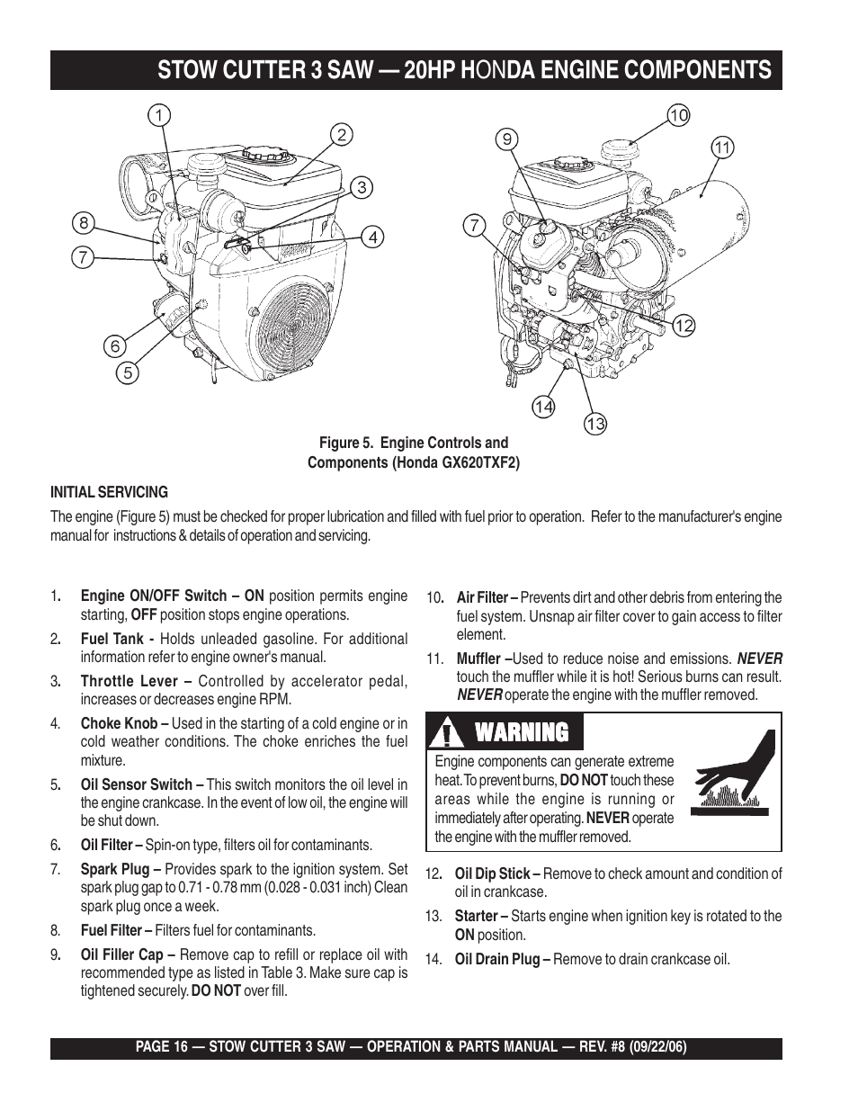 Stow cutter 3 saw — 20hp h on da engine components, Warning | Multiquip CS820H20 User Manual | Page 16 / 152