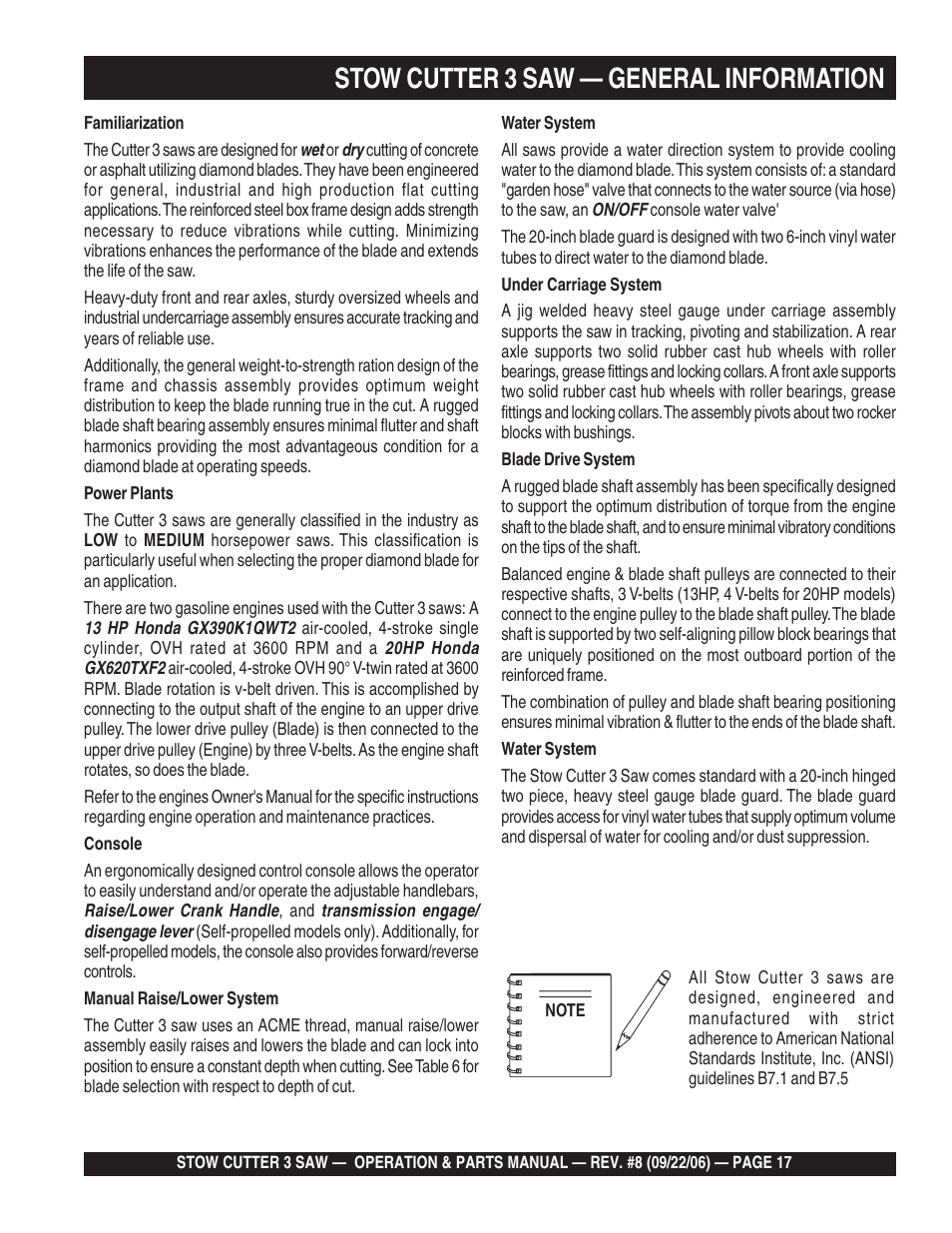 Stow cutter 3 saw — general information | Multiquip CS820H20 User Manual | Page 17 / 152