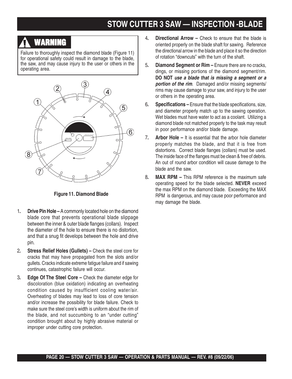 Stow cutter 3 saw — inspection -blade, Warning | Multiquip CS820H20 User Manual | Page 20 / 152