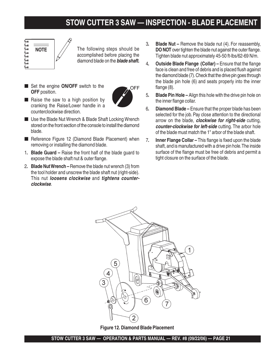 Stow cutter 3 saw — inspection - blade placement | Multiquip CS820H20 User Manual | Page 21 / 152