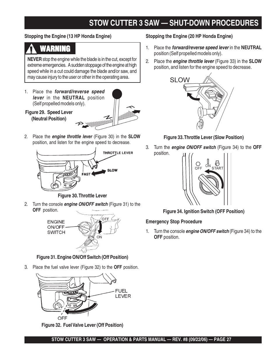 Stow cutter 3 saw — shut-down procedures, Warning | Multiquip CS820H20 User Manual | Page 27 / 152