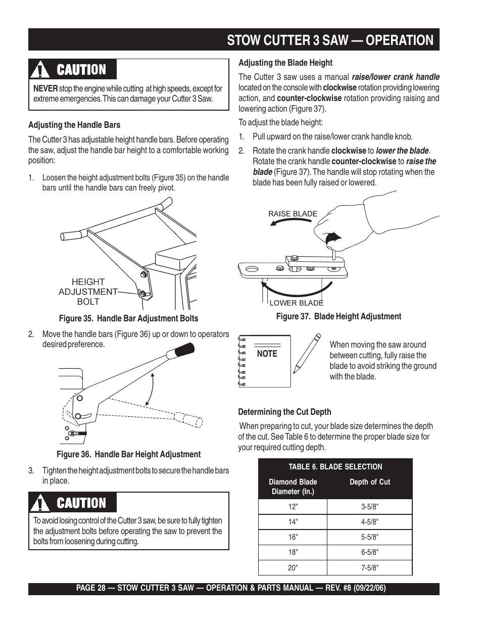 Stow cutter 3 saw — operation, Cauti, Cauti caution | Multiquip CS820H20 User Manual | Page 28 / 152