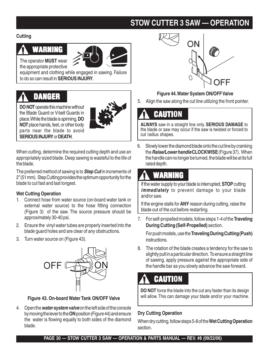 Stow cutter 3 saw — operation, Warning, Cauti | Danger, Cauti caution | Multiquip CS820H20 User Manual | Page 30 / 152