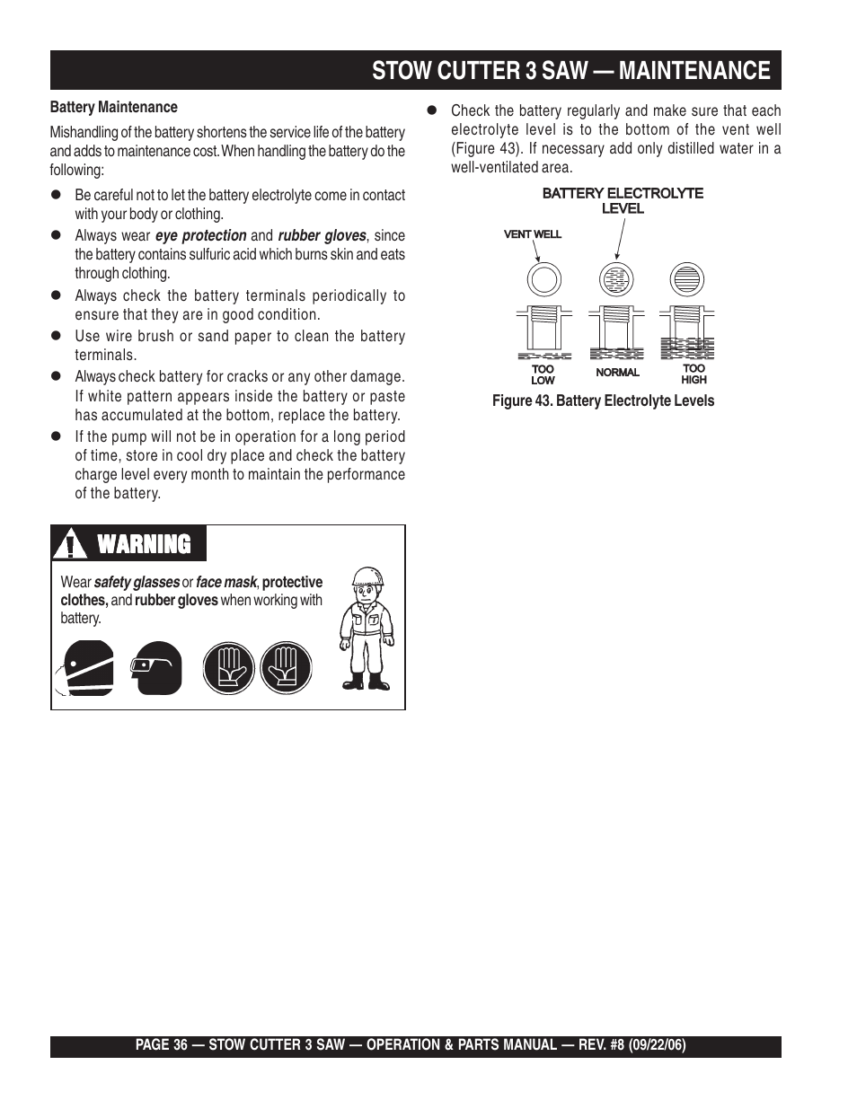 Stow cutter 3 saw — maintenance, Warning | Multiquip CS820H20 User Manual | Page 36 / 152