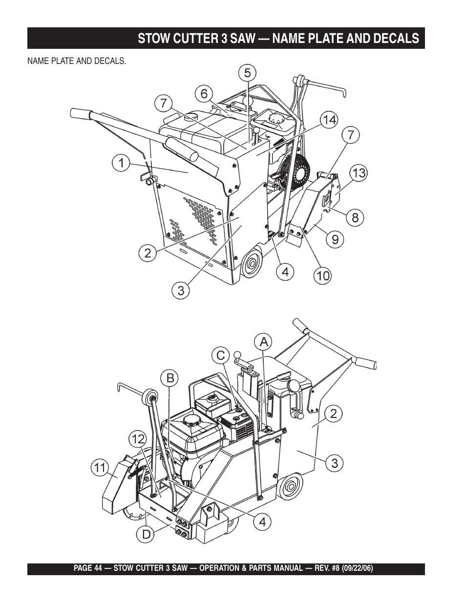 Stow cutter 3 saw — name plate and decals | Multiquip CS820H20 User Manual | Page 44 / 152