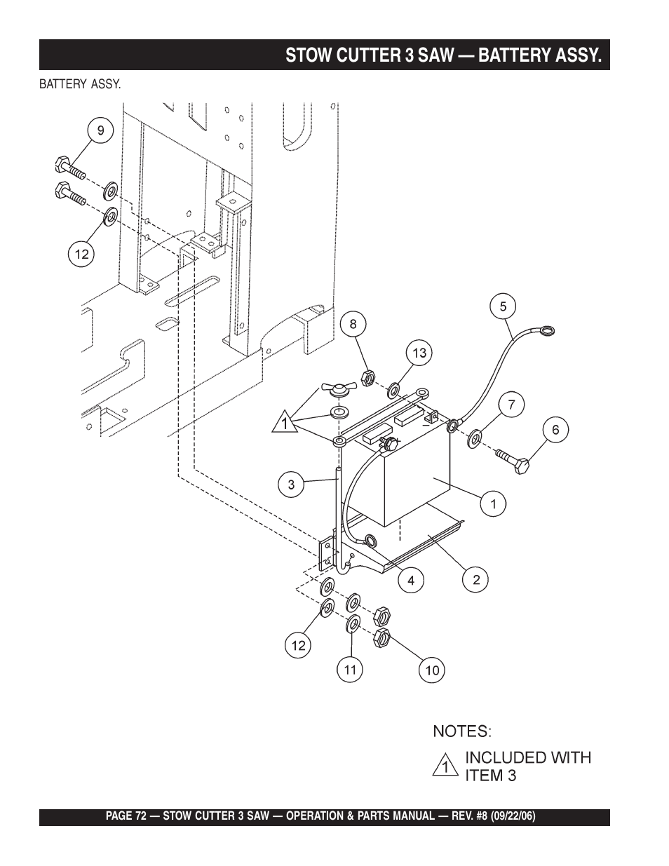 Stow cutter 3 saw — battery assy | Multiquip CS820H20 User Manual | Page 72 / 152