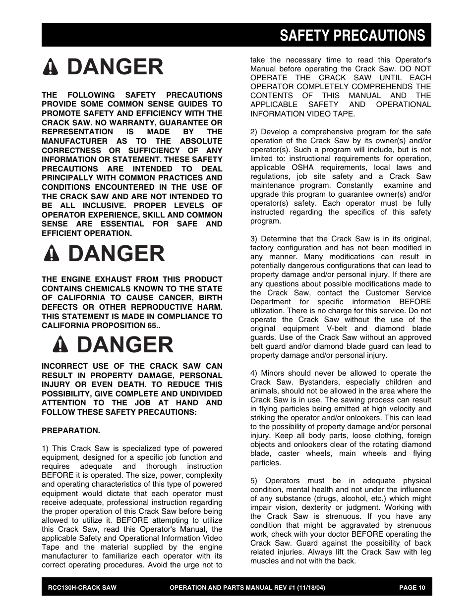 Danger, Safety precautions | Multiquip RCC130H User Manual | Page 10 / 60