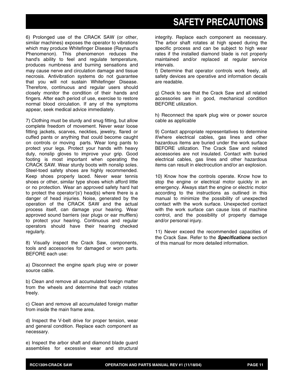 Safety precautions | Multiquip RCC130H User Manual | Page 11 / 60