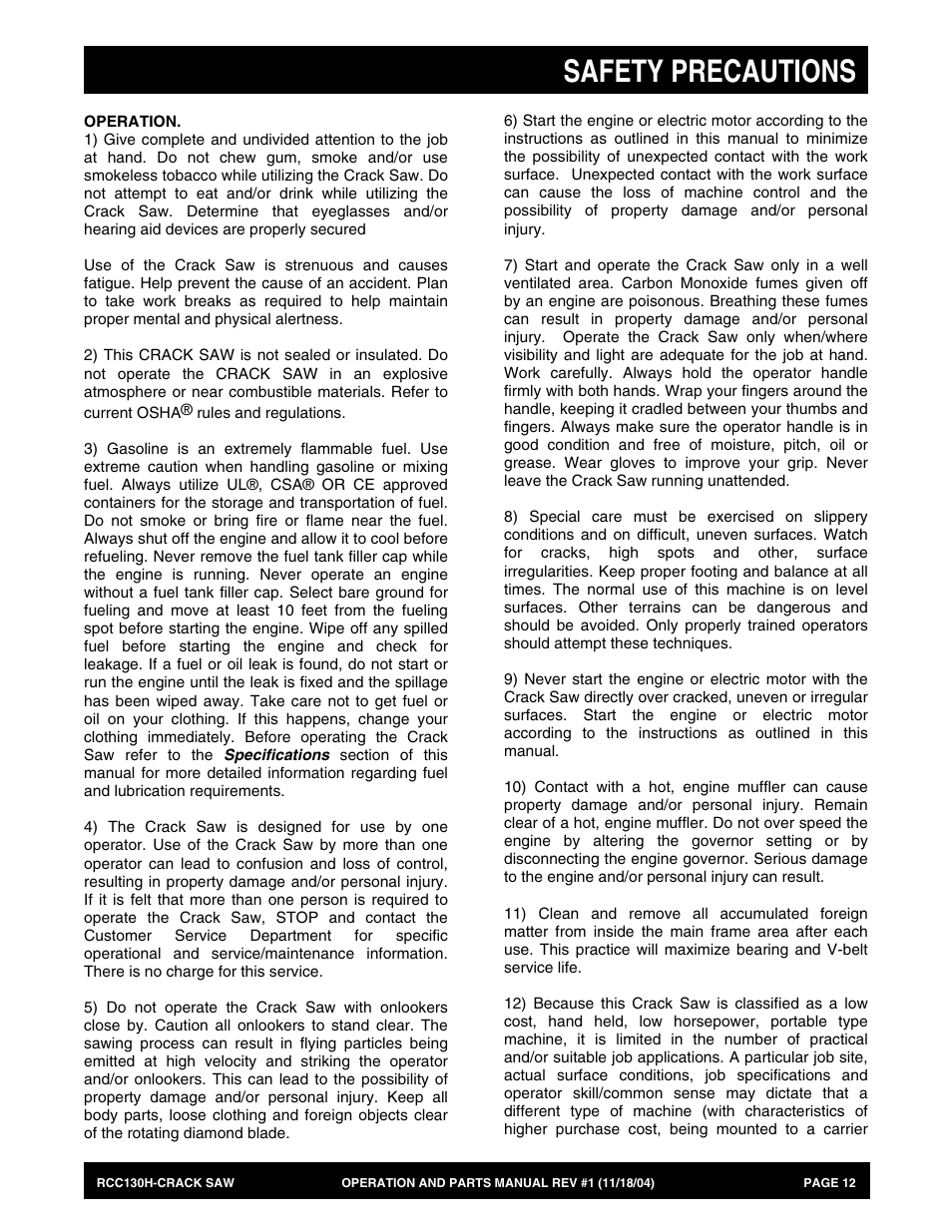 Safety precautions | Multiquip RCC130H User Manual | Page 12 / 60