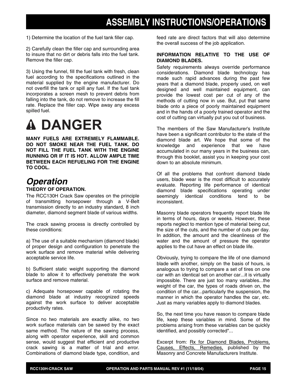 Danger, Assembly instructions/operations, Operation | Multiquip RCC130H User Manual | Page 15 / 60