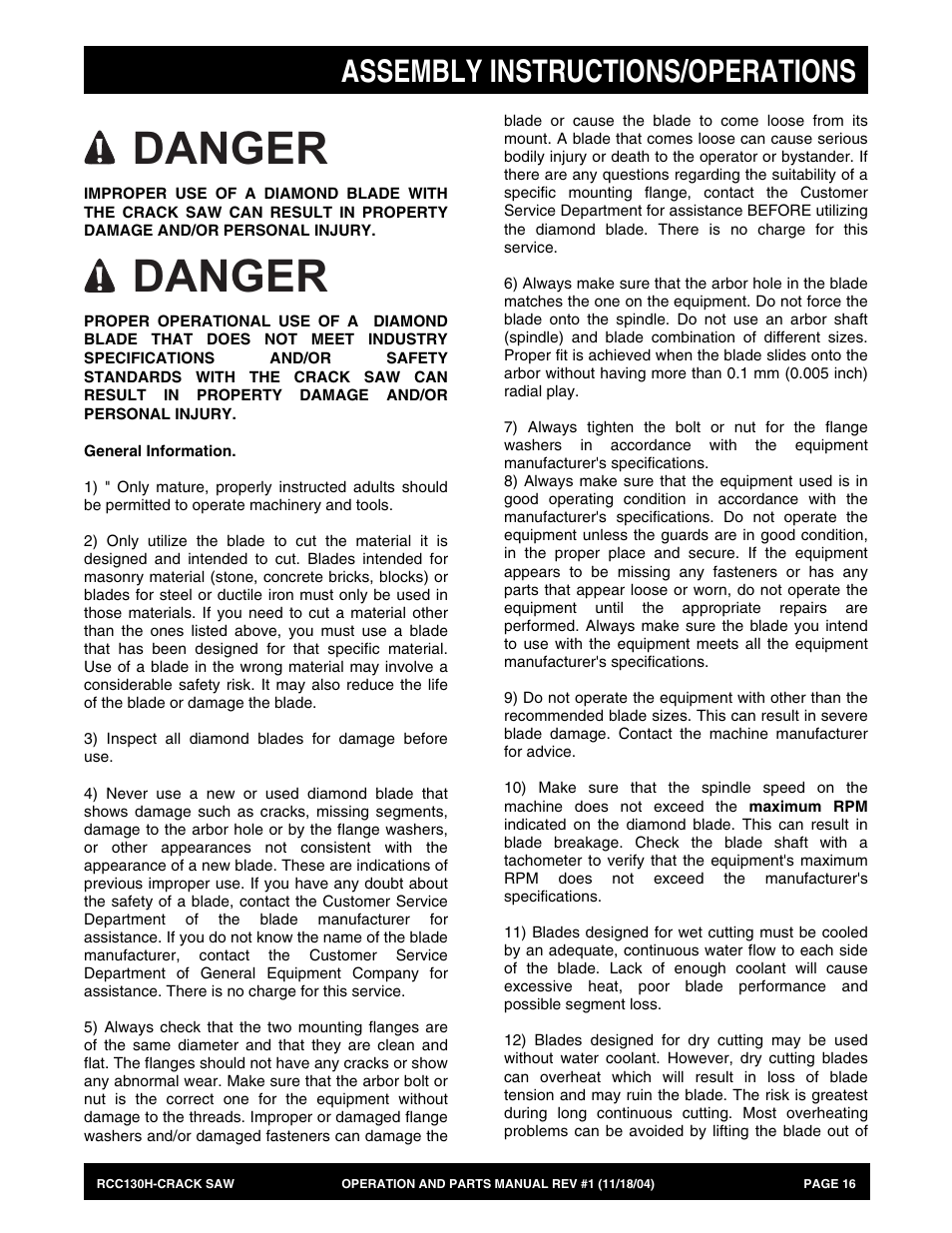 Danger, Assembly instructions/operations | Multiquip RCC130H User Manual | Page 16 / 60
