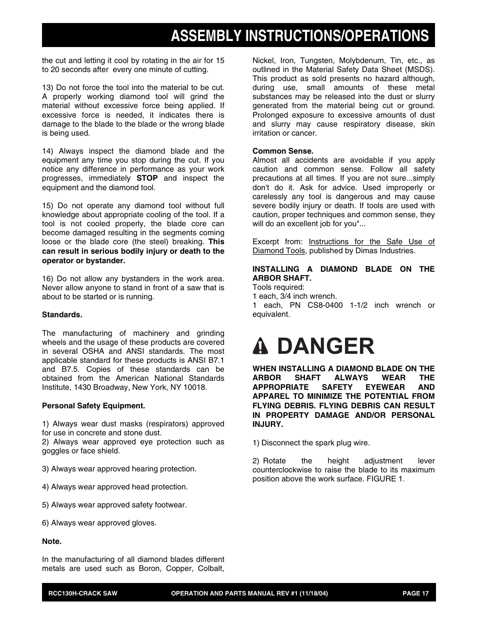 Danger, Assembly instructions/operations | Multiquip RCC130H User Manual | Page 17 / 60