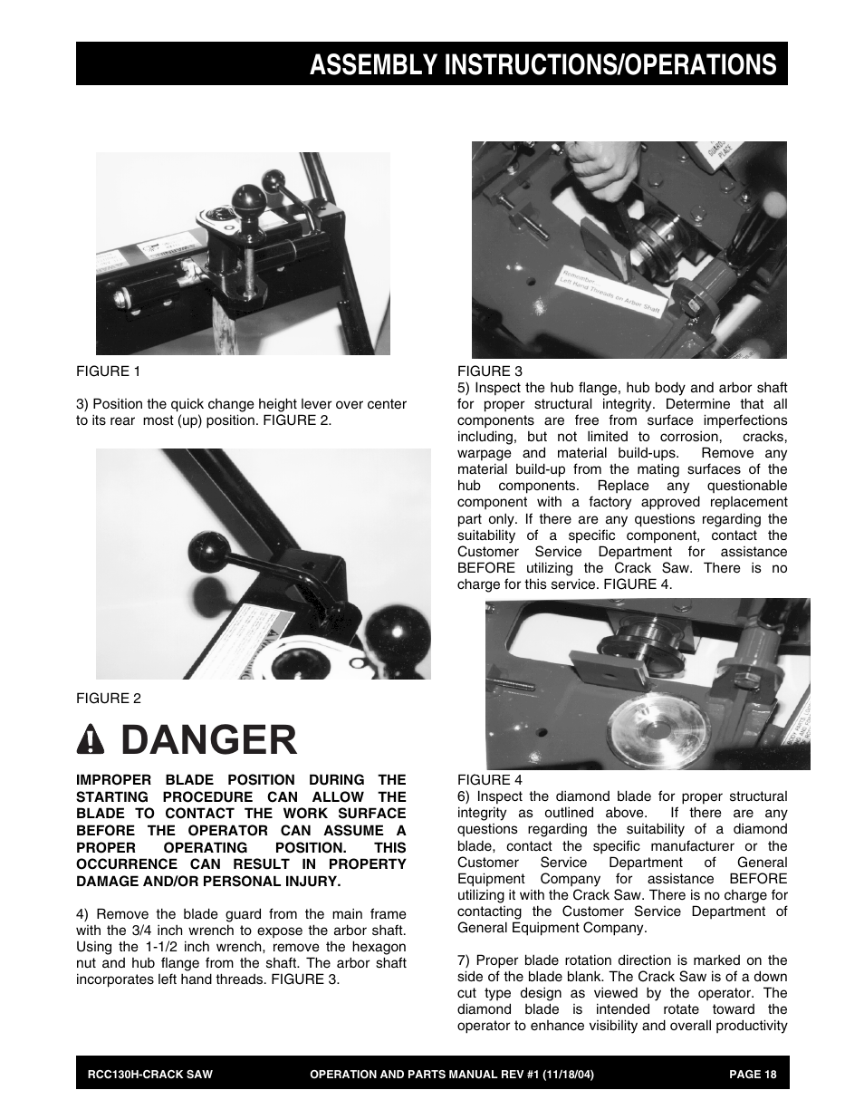 Danger, Assembly instructions/operations | Multiquip RCC130H User Manual | Page 18 / 60