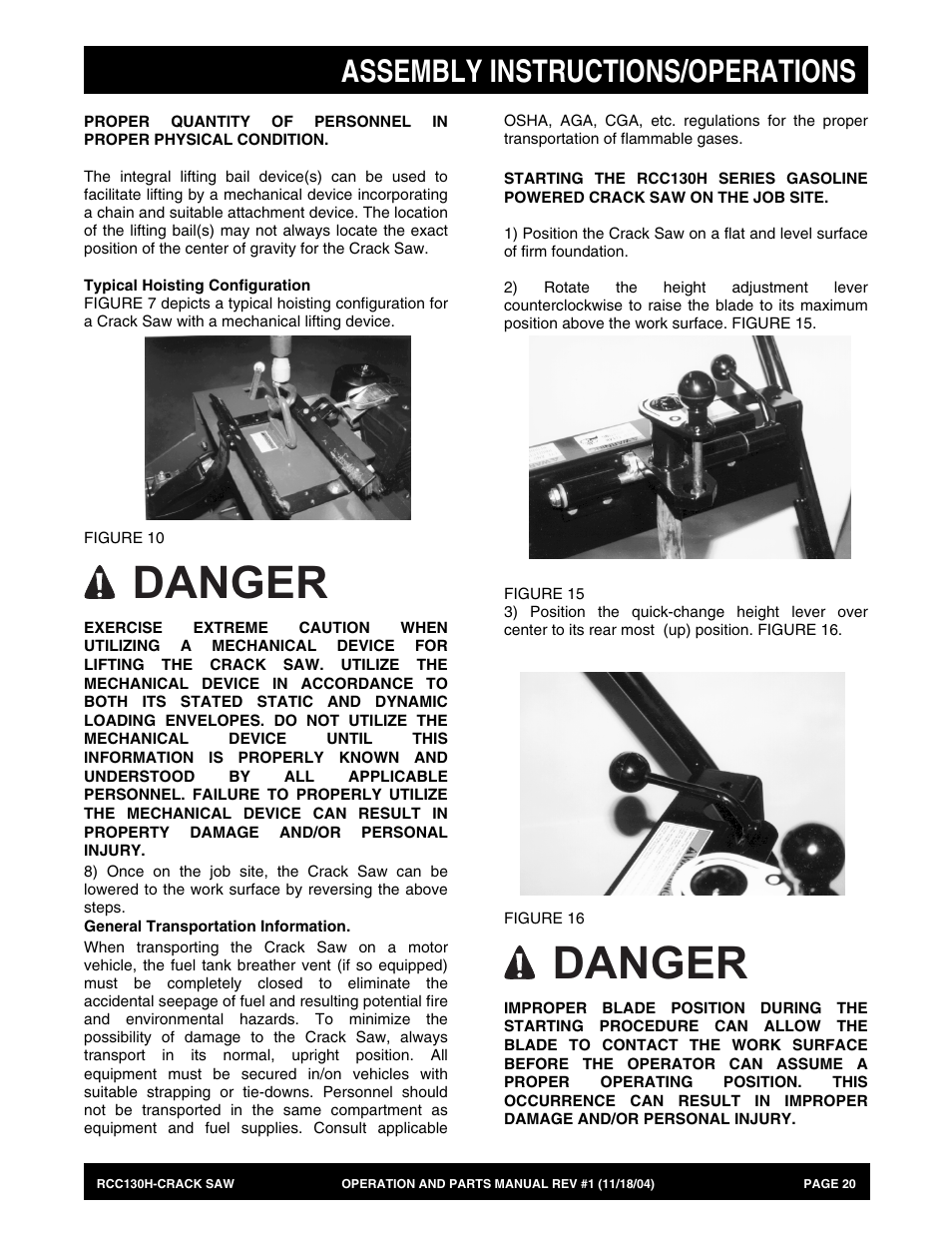 Danger, Assembly instructions/operations | Multiquip RCC130H User Manual | Page 20 / 60