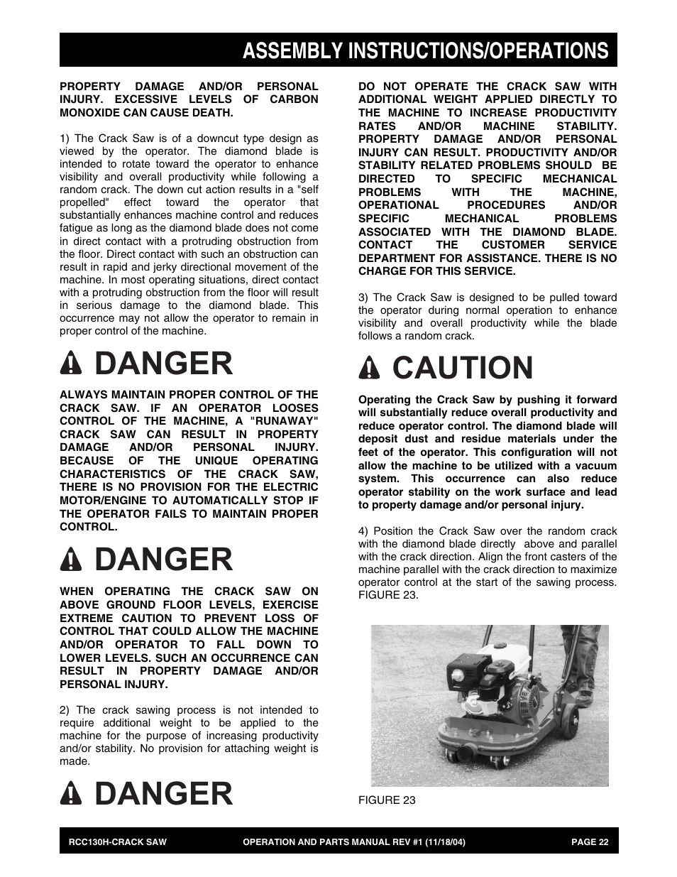 Danger, Caution, Assembly instructions/operations | Multiquip RCC130H User Manual | Page 22 / 60