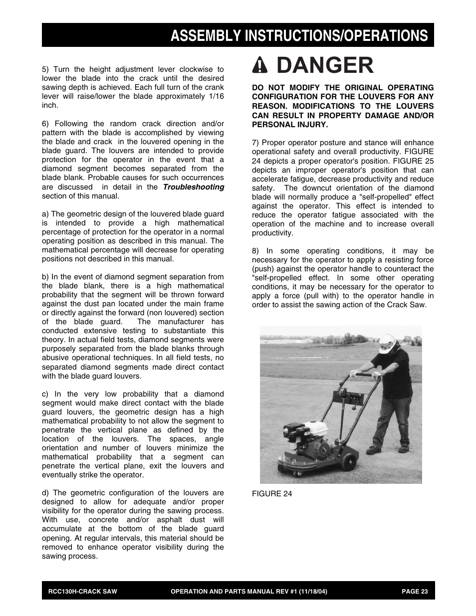 Danger, Assembly instructions/operations | Multiquip RCC130H User Manual | Page 23 / 60