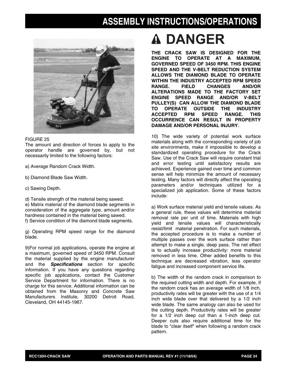 Danger, Assembly instructions/operations | Multiquip RCC130H User Manual | Page 24 / 60