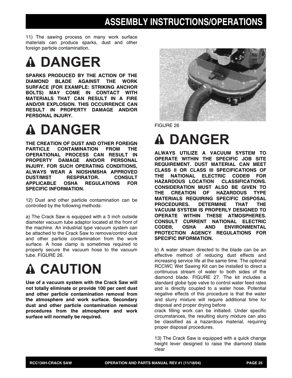 Danger, Caution, Assembly instructions/operations | Multiquip RCC130H User Manual | Page 25 / 60