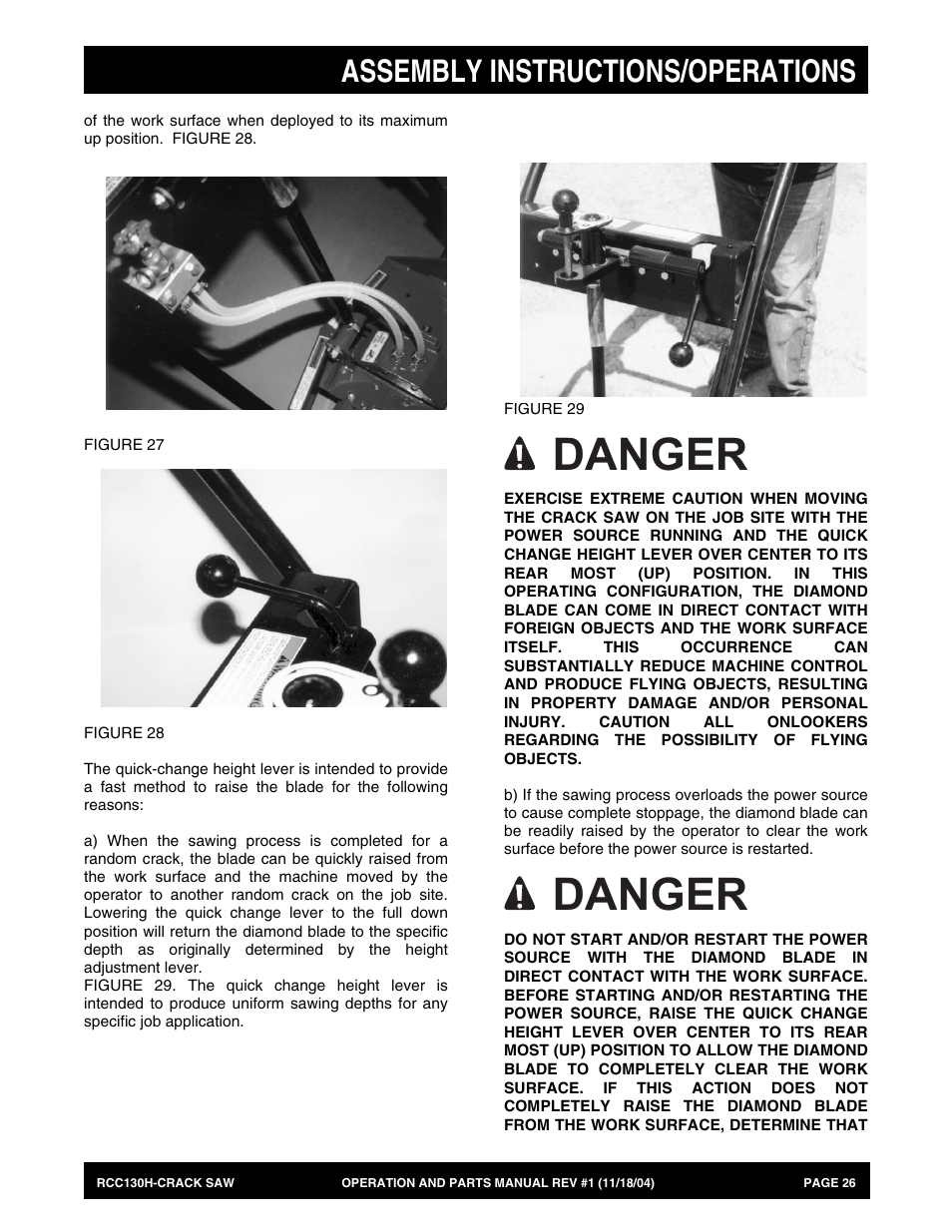 Danger, Assembly instructions/operations | Multiquip RCC130H User Manual | Page 26 / 60