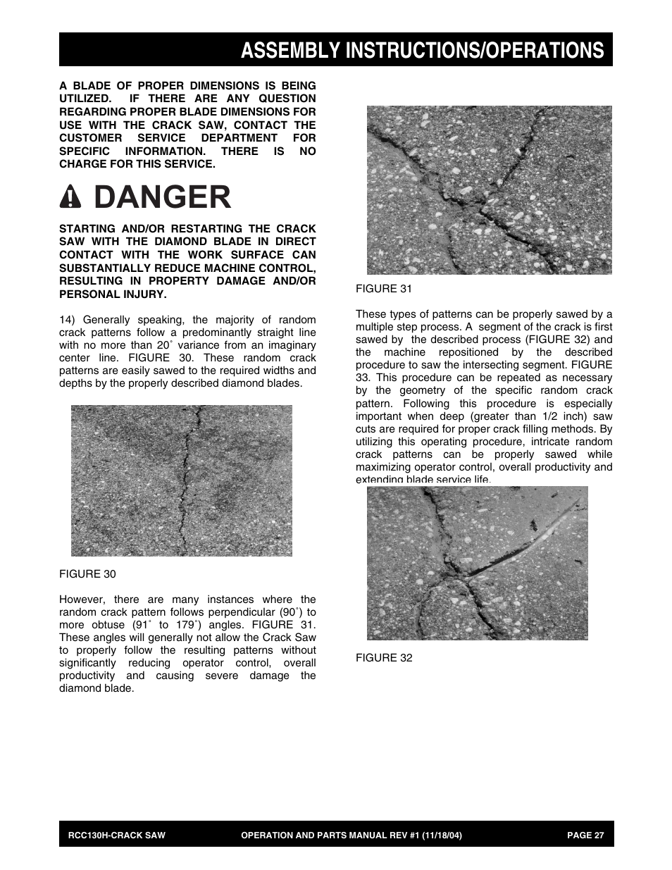 Danger, Assembly instructions/operations | Multiquip RCC130H User Manual | Page 27 / 60