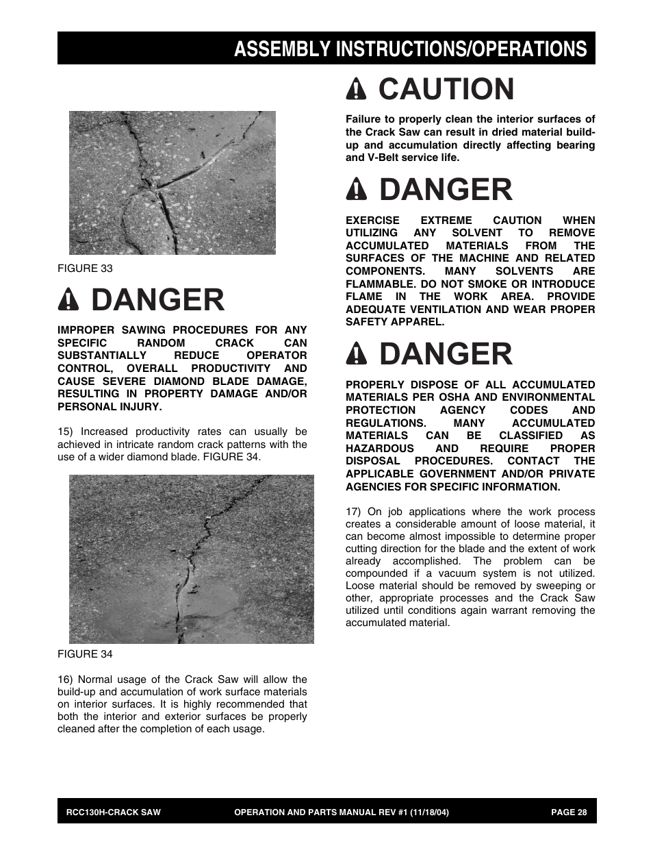 Danger, Caution, Assembly instructions/operations | Multiquip RCC130H User Manual | Page 28 / 60