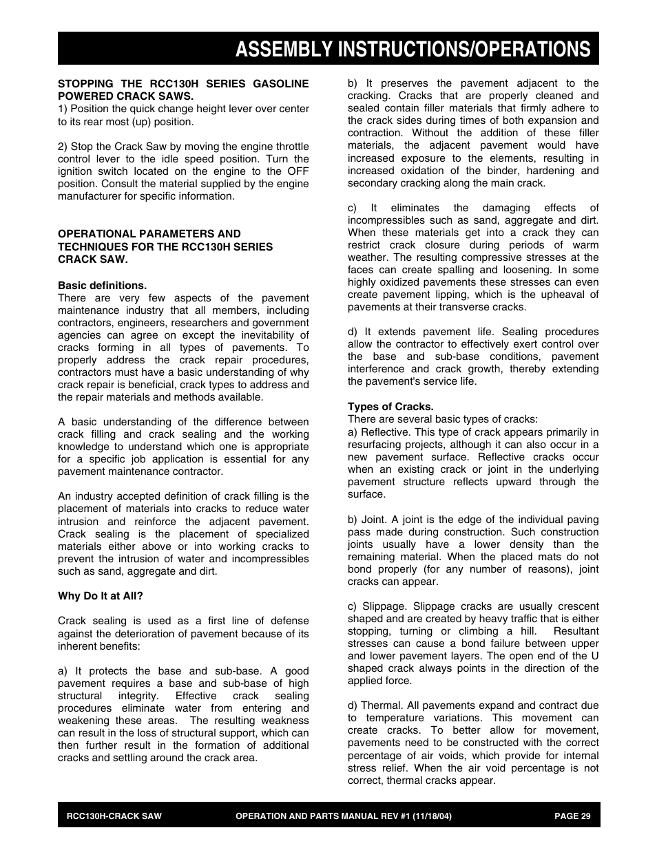 Assembly instructions/operations | Multiquip RCC130H User Manual | Page 29 / 60