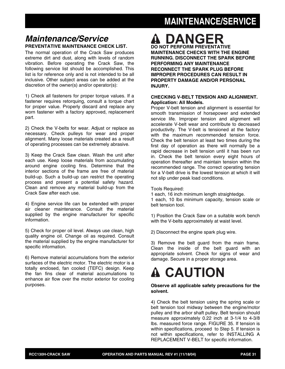 Danger, Caution, Maintenance/service | Multiquip RCC130H User Manual | Page 31 / 60