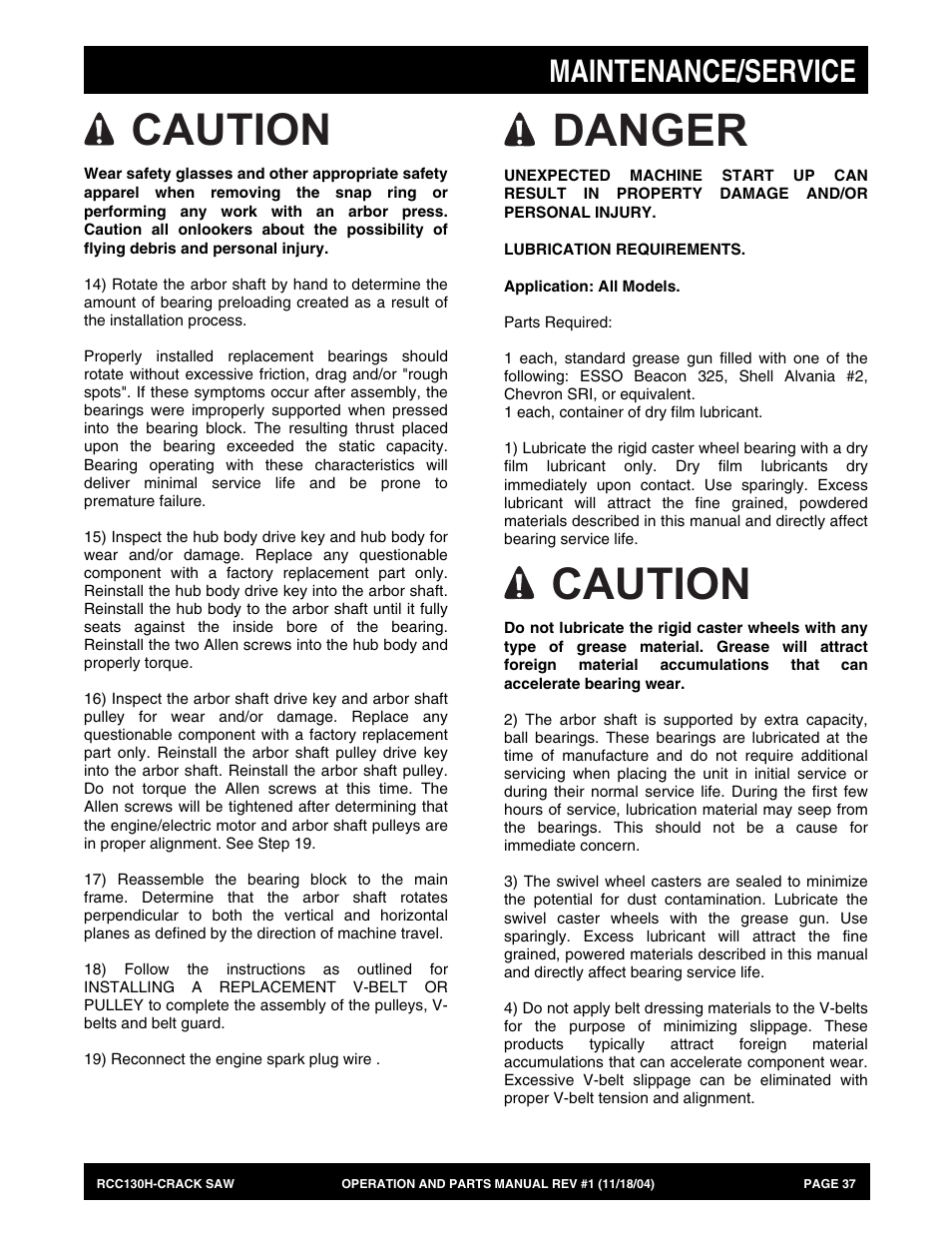 Danger, Caution, Maintenance/service | Multiquip RCC130H User Manual | Page 37 / 60