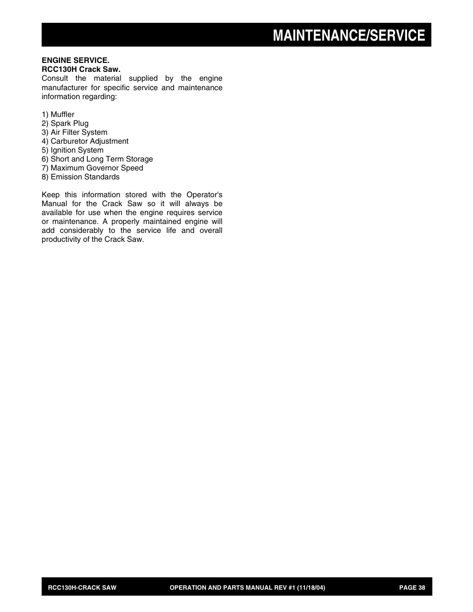 Maintenance/service | Multiquip RCC130H User Manual | Page 38 / 60